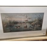 LATE 19th CENTURY ENGLISH SCHOOL DUCKS, INITIALLED, WATERCOLOUR. 25 x 54cms