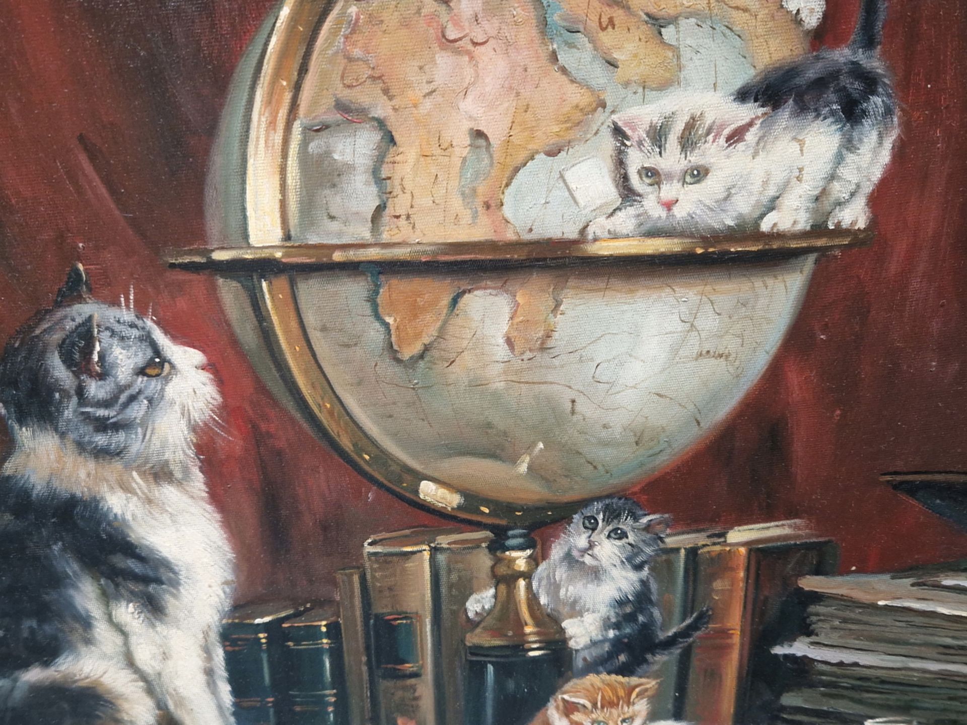 A DECORATIVE PAINTING OF CATS PLAYING ON A DESK, OIL ON BOARD. 50 x 61cms - Image 5 of 6