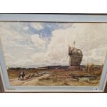 EDWIN ELLIS 19th/20th CENTURY ENGLISH SCHOOL WINDMILL IN A LANDSCAPE, SIGNED, WATERCOLOUR. 38 x