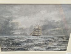 20th CENTURY SCHOOL A CLIPPER SHIP IN STORMY SEAS, SIGNED INDISTINCTLY, GOUACHE. 15 x 20cms