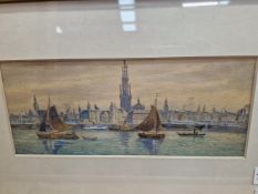 TWO 19th/20th CENTURY ENGLISH SCHOOL PAINTINGS A CITY VIEW AND A LAKE LANDSCAPE, BOTH SIGNED OR