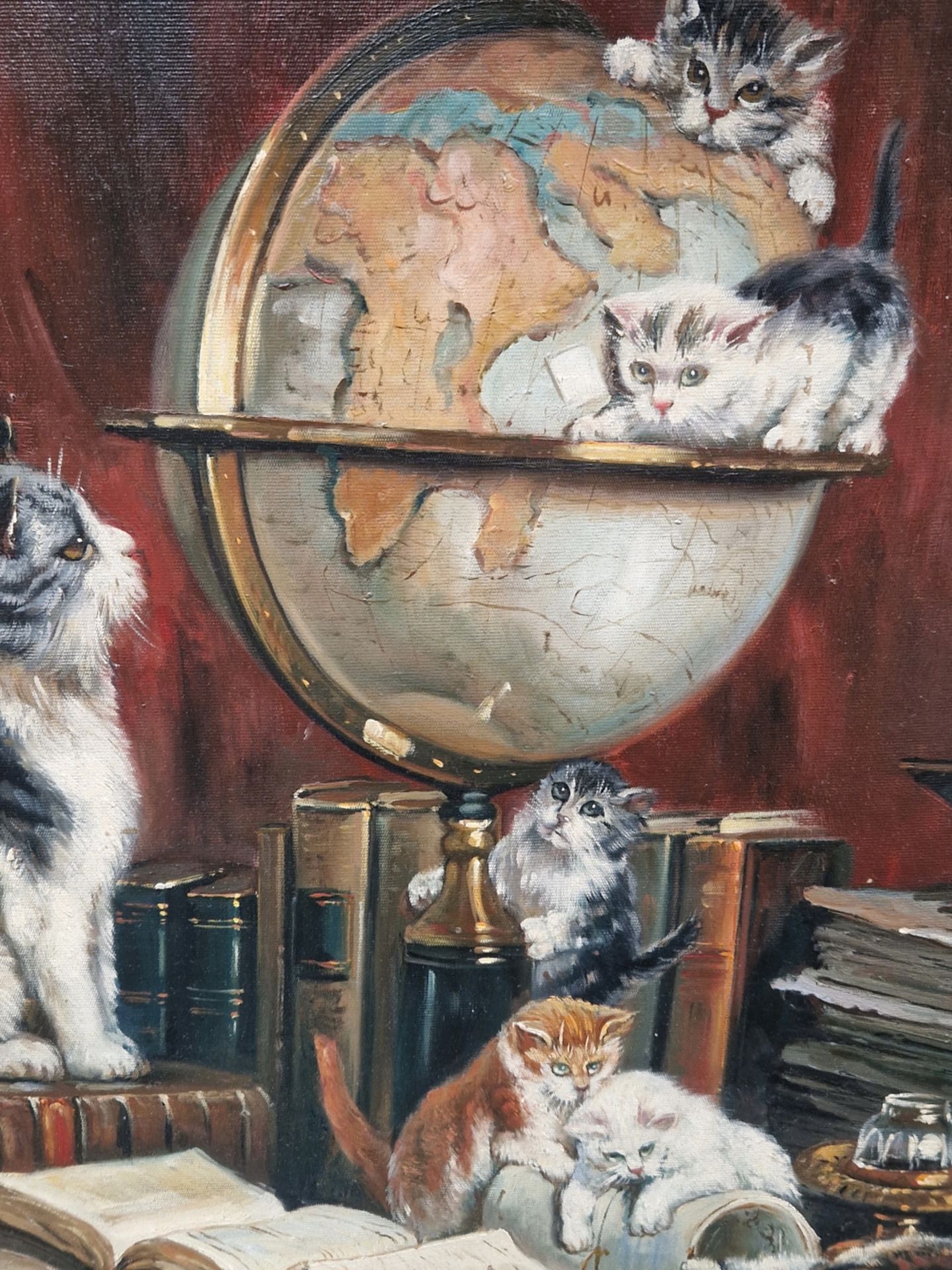 A DECORATIVE PAINTING OF CATS PLAYING ON A DESK, OIL ON BOARD. 50 x 61cms - Image 3 of 6