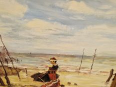 CONTEMPORARY SCHOOL A DECORATIVE OIL PAINTING OF A GIRL ON THE BEACH, OIL ON CANVAS. 51 x 61cms