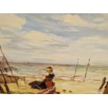 CONTEMPORARY SCHOOL A DECORATIVE OIL PAINTING OF A GIRL ON THE BEACH, OIL ON CANVAS. 51 x 61cms