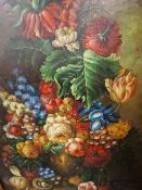 AN IMPRESSIVE DECORATIVE STILL LIFE PAINTING OF FLOWERS, OIL ON CANVAS. 121 x 91cms