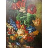 AN IMPRESSIVE DECORATIVE STILL LIFE PAINTING OF FLOWERS, OIL ON CANVAS. 121 x 91cms