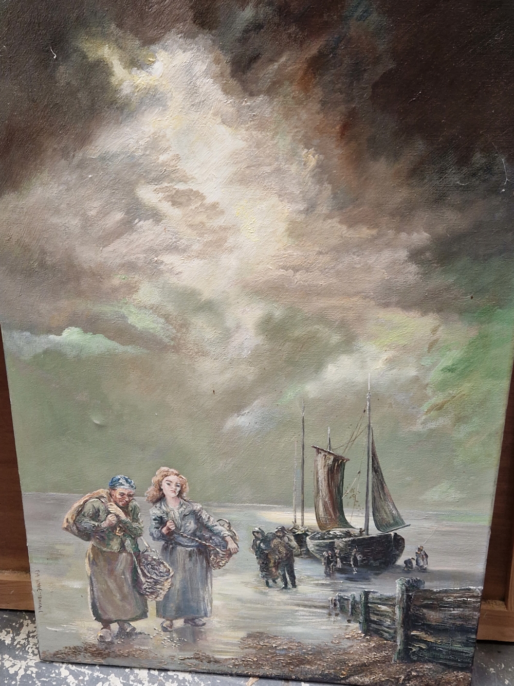 Y. MAXWELL-BARKER CONTEMPORARY SCHOOL. ARR. THE FISHER WOMEN, SIGNED, OIL ON CANVAS, UNFRAMED. 77