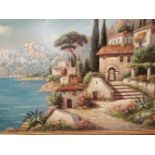 20th CENTURY CONTINENTAL SCHOOL A COASTAL VIEW, SIGNED INDISTINCTLY, OIL ON CANVAS. 50 x 100cms