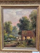 ATTRIBUTED TO HENRY HARRIS 19th CENTURY ENGLISH SCHOOL A PAIR OF RUSTIC RURAL SCENES, OIL ON CANVAS.