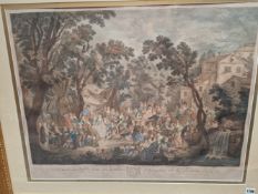 AN ANTIQUE HAND COLOURED PRINT OF VILLAGERS MERRY MAKING. 55 x 75cms