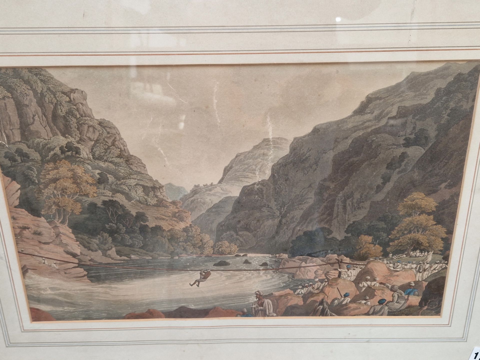 AFTER J. B. FRASER CROSSING TAUSE, INDIA, ANTIQUE HAND COLOURED PRINT. 28 x 45cms
