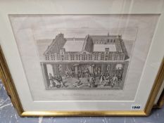 AN ANTIQUE PRINT RELATING TO BALLIOL COLLEGE, OXFORD TOGETHER WITH A WATERCOLOUR OF A CAT, SIGNED