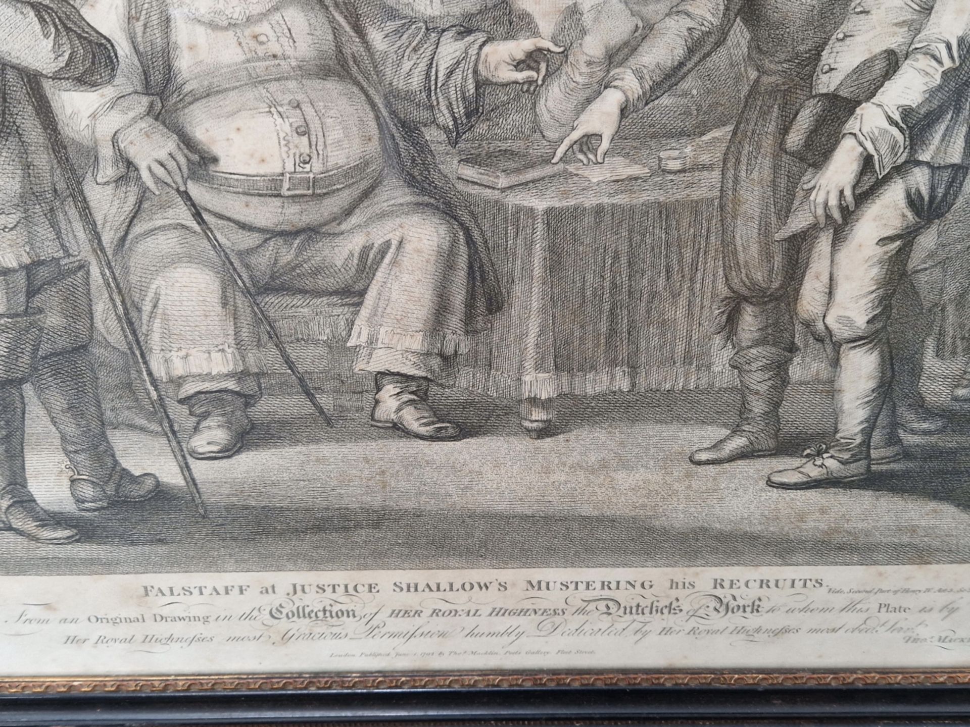 AFTER H. BUNBURY AN ANTIQUE PRINT FALSTAFF AT JUSTICE SHALLOWS MUSTERING HIS RECRUITS. 43 x 53cms - Image 3 of 3