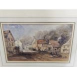 19th CENTURY ENGLISH SCHOOL A CONTINENTAL VILLAGE SCENE, WATERCOLOUR. 18 x 26cms TOGETHER WITH A