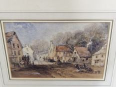 19th CENTURY ENGLISH SCHOOL A CONTINENTAL VILLAGE SCENE, WATERCOLOUR. 18 x 26cms TOGETHER WITH A
