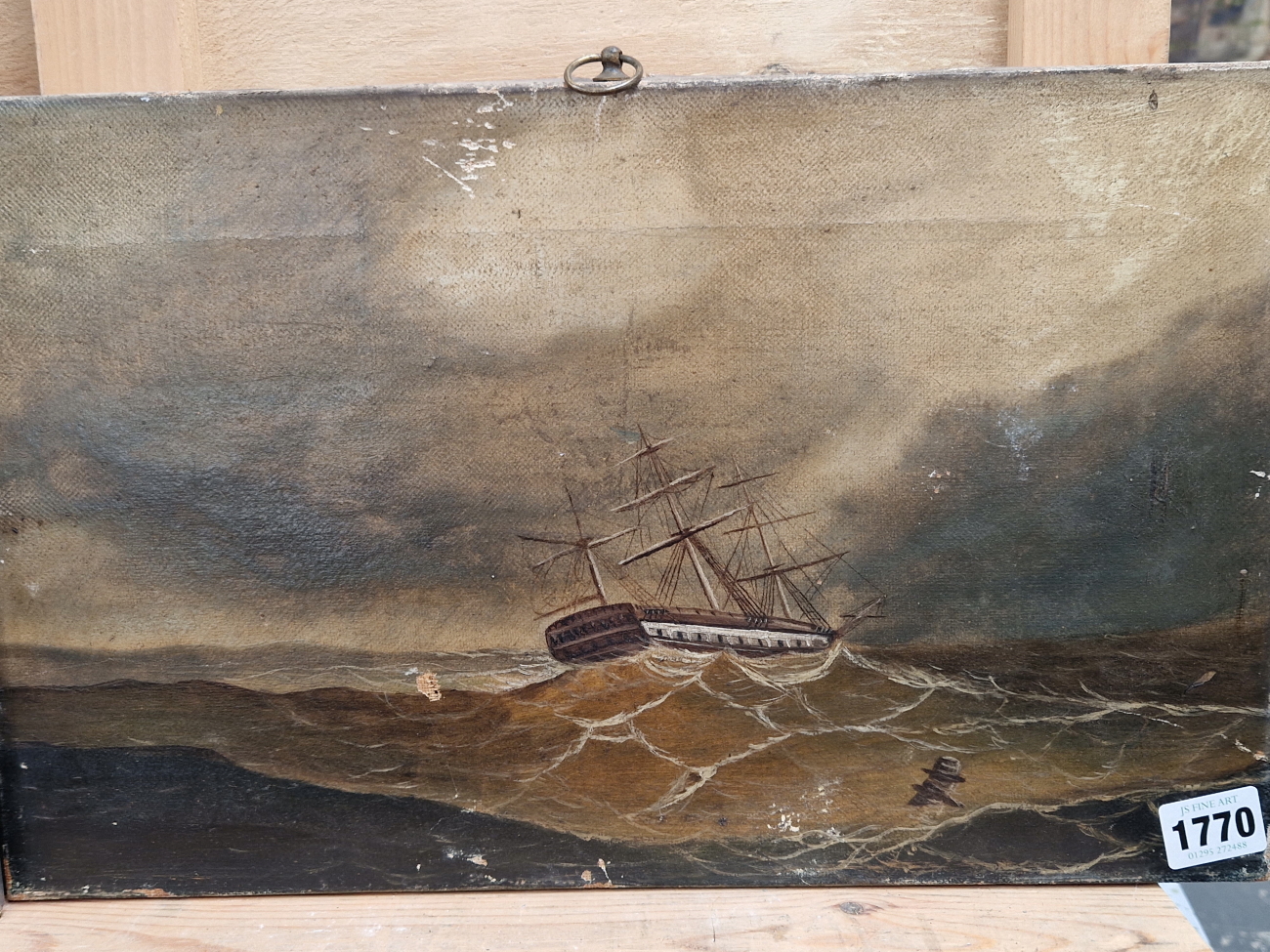 19th CENTURY ENGLISH SCHOOL A CLIPPER SHIP IN STORMY SEAS, OIL ON CANVAS, UNFRAMED. 25 x 41cms - Image 8 of 8