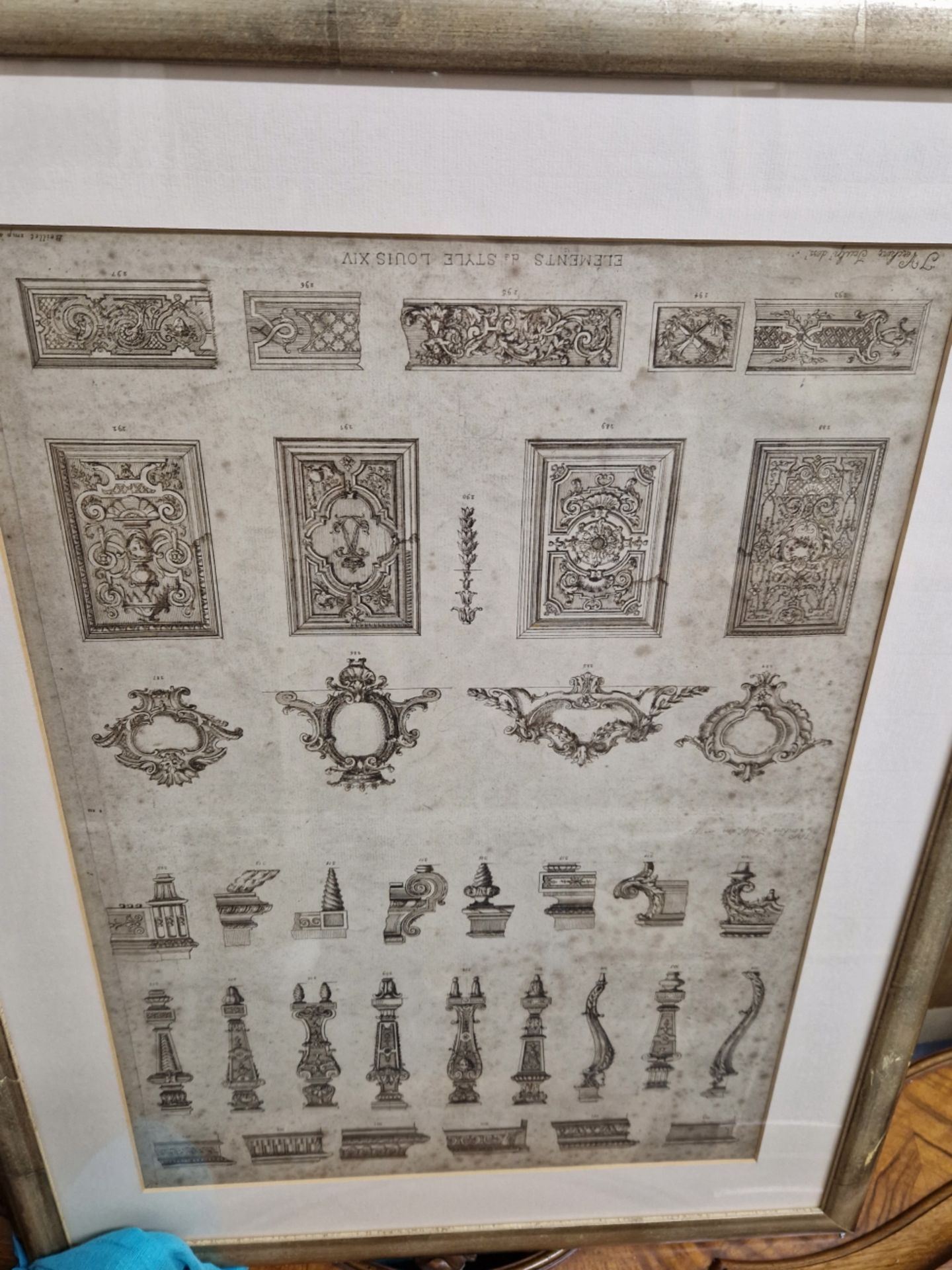 A GROUP OF FOUR VINTAGE FRENCH PRINTS OF ARCHITECTURE AND FURNITURE STYLES IN UNIFORM GILT FRAMES. - Image 2 of 4