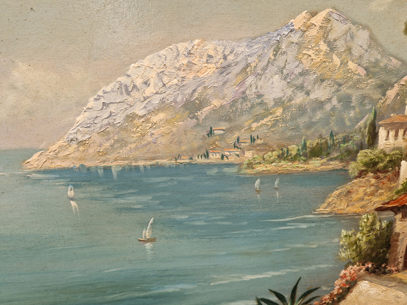 20th CENTURY CONTINENTAL SCHOOL A COASTAL VIEW, SIGNED INDISTINCTLY, OIL ON CANVAS. 50 x 100cms - Image 5 of 10