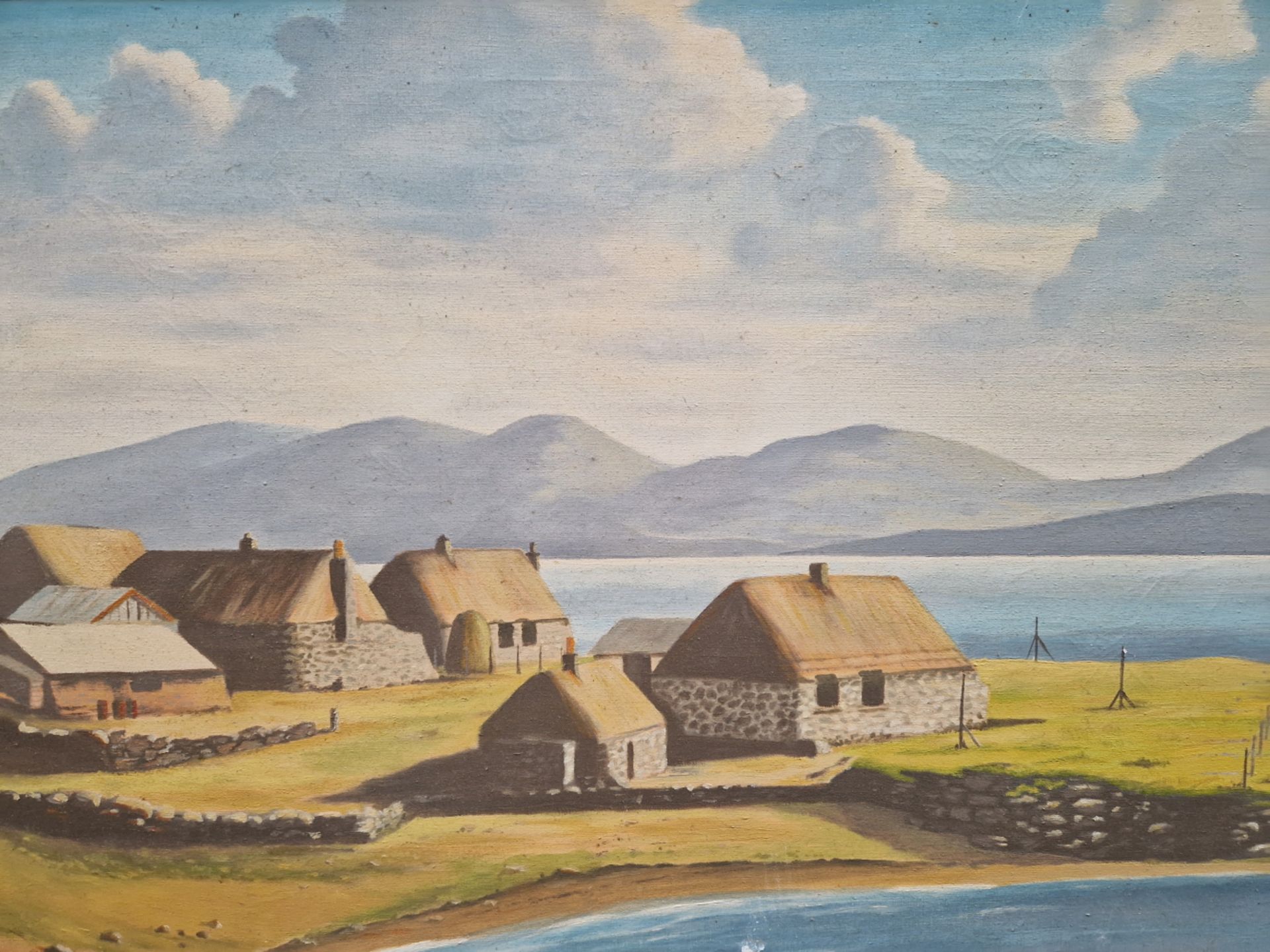 G. R. PICKEN 20th CENTURY SCHOOL. ARR. CROFTERS COTTAGES, SIGNED, OIL ON CANVAS. 50 x 75cms