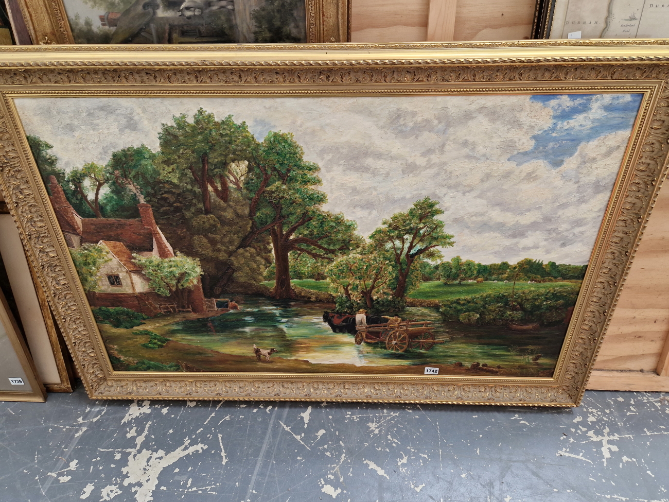 ENGLISH NAIVE SCHOOL AFTER JOHN CONSTABLE, SIGNED INDISTINCTLY, OIL ON BOARD. 66 x 103cms - Image 2 of 6