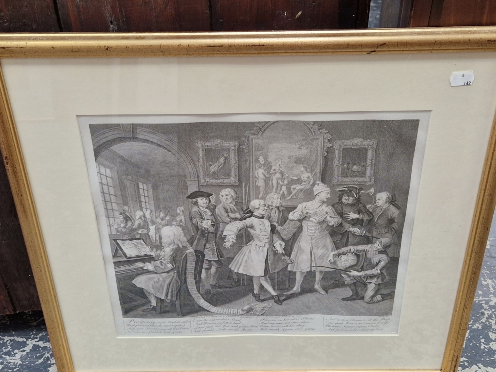 AFTER WILLIAM HOGARTH A SERIES OF SIX ANTIQUE PRINTS TITLED A RAKES PROGRESS. UNIFORM GILT FRAMES. 3 - Image 6 of 6