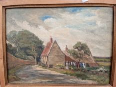 TWO 20th CENTURY LANDSCAPE OIL PAINTINGS OF RURAL VILLAGES BY DIFFERENT HANDS. LARGEST 51 x 66cms (