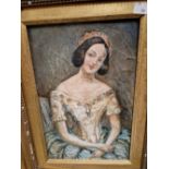 LATE 19th CENTURY ENGLISH NAIVE SCHOOL PORTRAIT OF A YOUNG LADY, OIL ON BOARD. 30 x 20cms TOGETHER