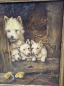 A DECORATIVE PAINTING OF DOGS AND CHICKS, SIGNED INDISTINCTLY, OIL ON BOARD. 50 x 40cms