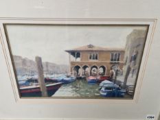 20th CENTURY ENGLISH SCHOOL A VENETIAN VIEW, SIGNED INDISTINCTLY, WATERCOLOUR. 28 x 39cms