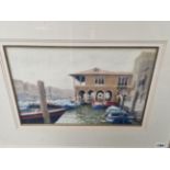 20th CENTURY ENGLISH SCHOOL A VENETIAN VIEW, SIGNED INDISTINCTLY, WATERCOLOUR. 28 x 39cms