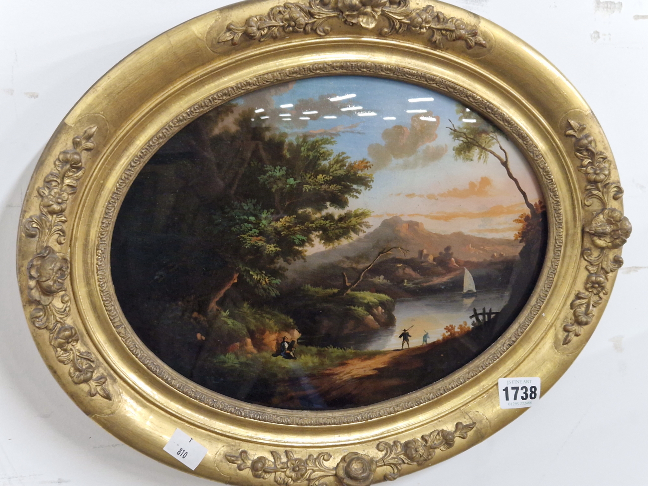 19th CENTURY ITALIAN SCHOOL A REVERSE LANDSCAPE PAINTING ON GLASS MOUNTED IN OVAL GILT FRAME. - Image 2 of 4