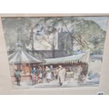 E. M. MALLINSON 20th C. SCHOOL THE VILLAGE MARKET, SIGNED, WATERCOLOUR. 34 x 41cms