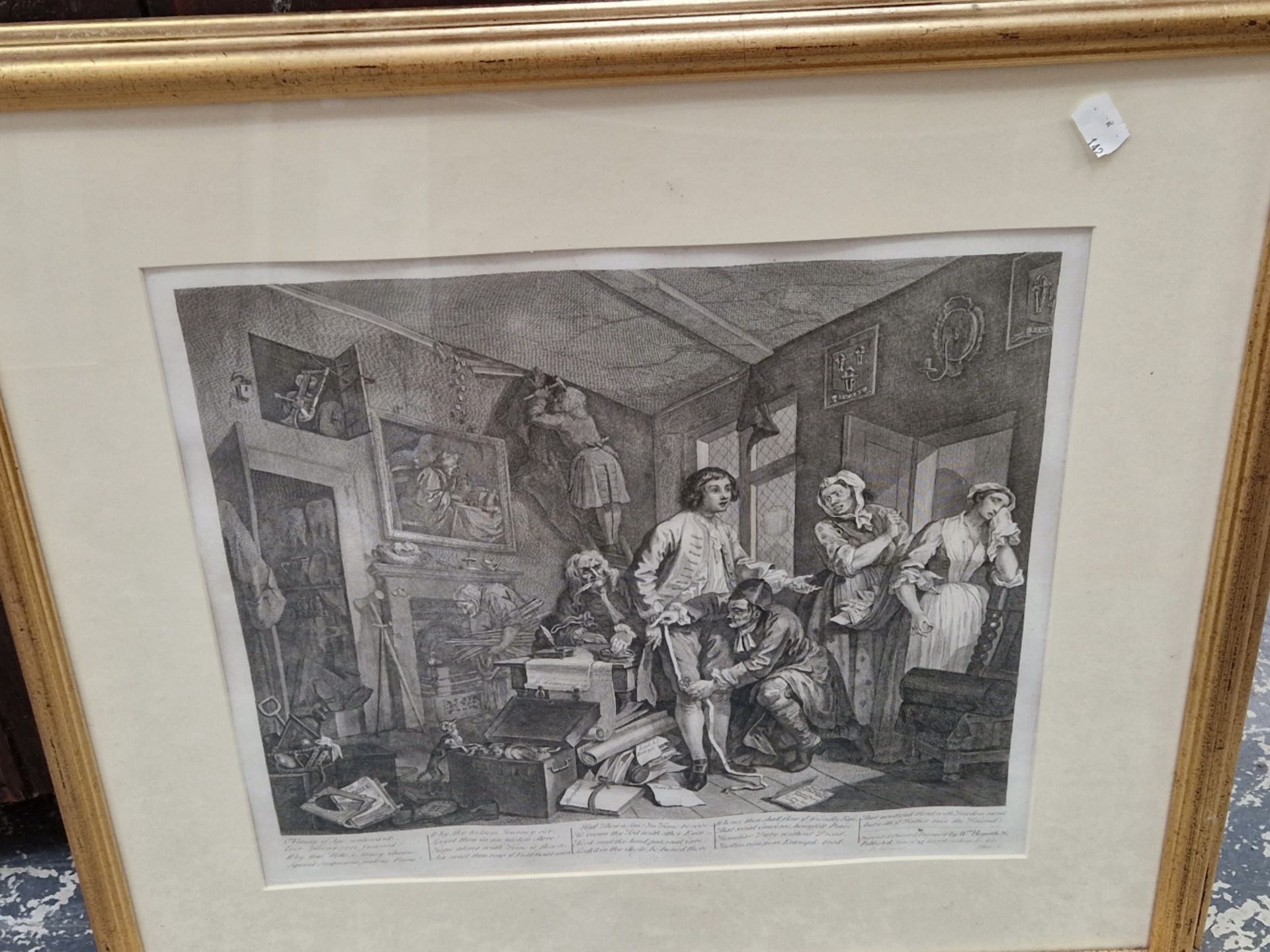 AFTER WILLIAM HOGARTH A SERIES OF SIX ANTIQUE PRINTS TITLED A RAKES PROGRESS. UNIFORM GILT FRAMES. 3 - Image 5 of 6