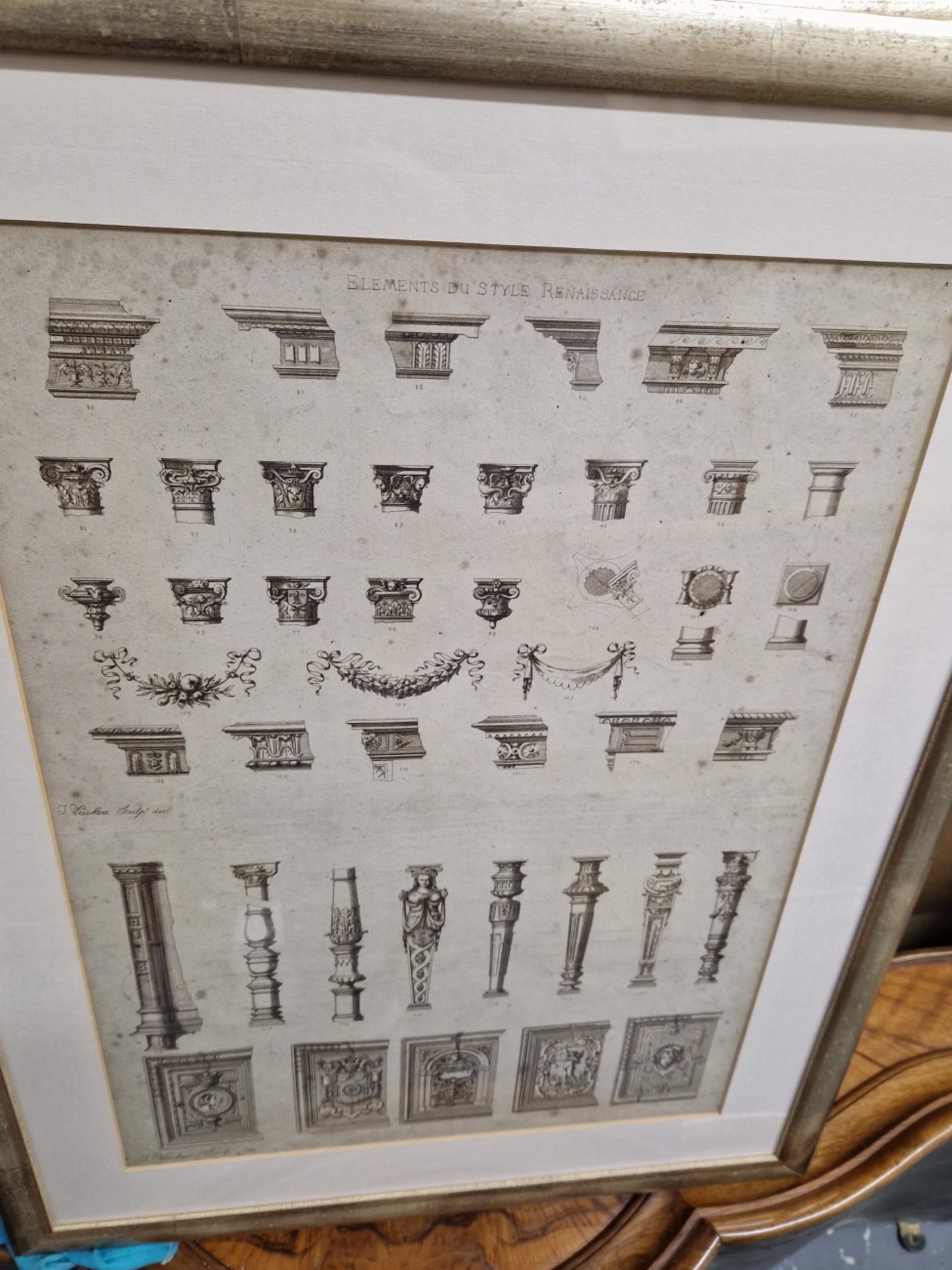 A GROUP OF FOUR VINTAGE FRENCH PRINTS OF ARCHITECTURE AND FURNITURE STYLES IN UNIFORM GILT FRAMES. - Image 4 of 4