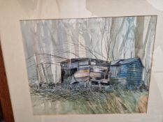 NIGEL FLETCHER 20th CENTURY ENGLISH SCHOOL. ARR. THE BLUE SHED, SIGNED, WATERCOLOUR. 34 x 44cms