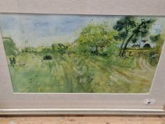 20th CENTURY ENGLISH SCHOOL TWO LANDSCAPE WATERCOLOURS, SIGNED INDISTINCTLY. LARGEST 39 x 49cms (2)