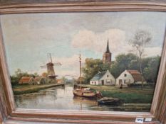20th CENTURY CONTINENTAL SCHOOL A PAIR OF DUTCH CANAL VIEWS, SIGNED INDISTINCTLY, OIL ON BOARD (2)
