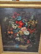 19th CENTURY SCHOOL. A STILL LIFE OF SUMMER FLOWERS, OIL ON CANVAS. 78 x 64cms.