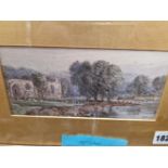 G. SHEFFIELD 19th CENTURY ENGLISH SCHOOL BOLTON ABBEY, SIGNED, WATERCOLOUR. 9 x 19cms