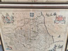 AFTER CAPTAIN G. COLLINS AN ANTIQUE HAND COLOURED MAP NORTHUMBERLAND. 48 x 61cms TOGETHER WITH TWO
