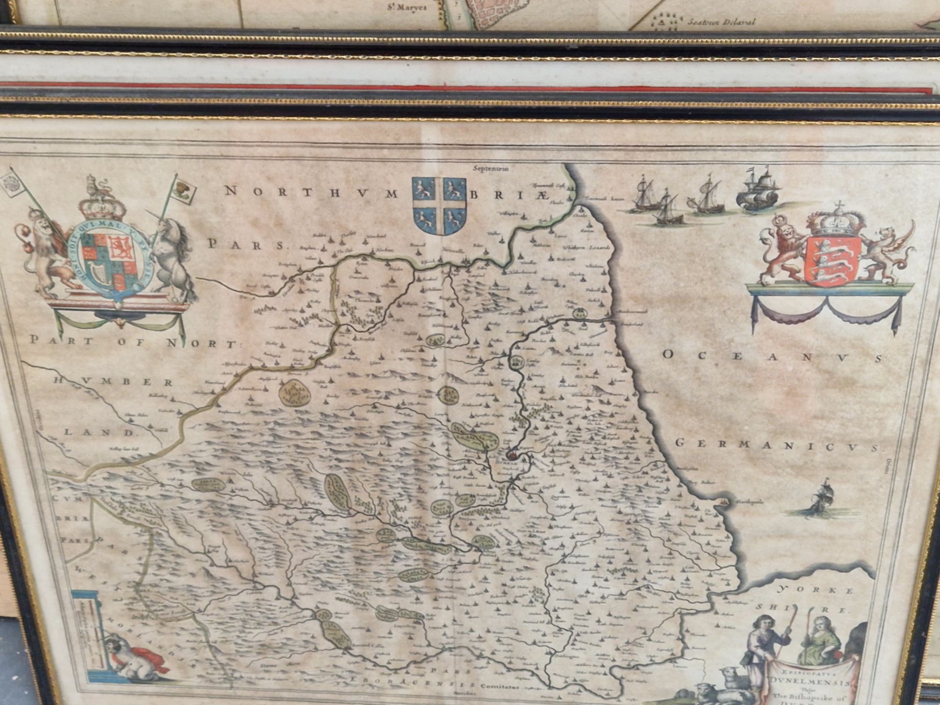 AFTER CAPTAIN G. COLLINS AN ANTIQUE HAND COLOURED MAP NORTHUMBERLAND. 48 x 61cms TOGETHER WITH TWO