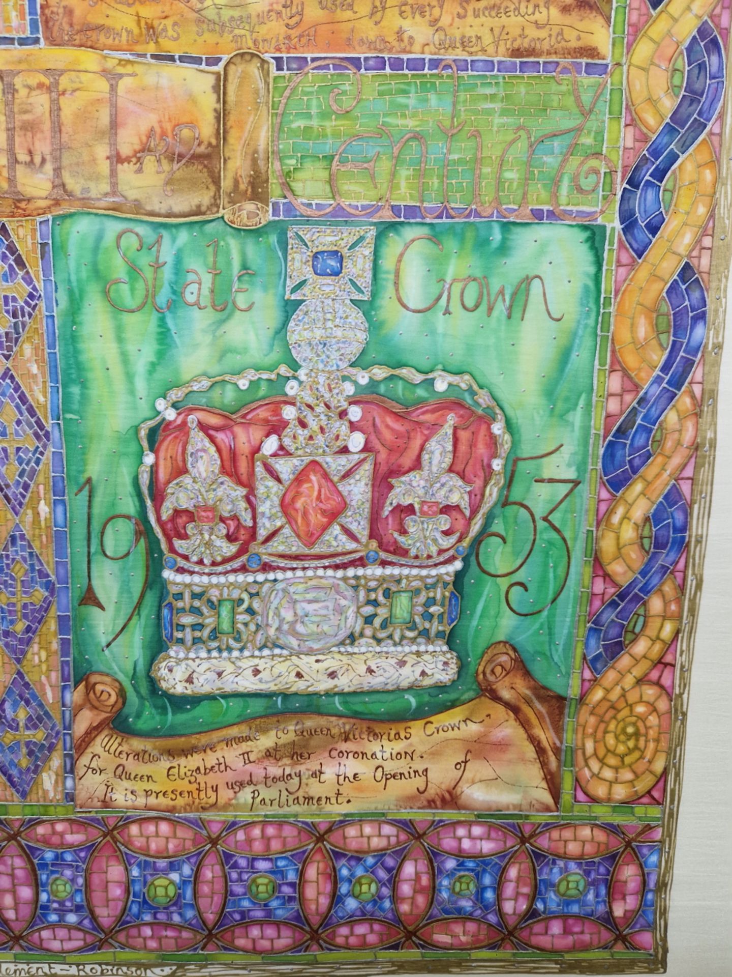 AN INTERESTING CONTEMPORARY MIXED MEDIA PICTURE OF ROYAL CROWNS AFTER AMANDA CLEMENT ROBINSON. 93 - Image 3 of 6