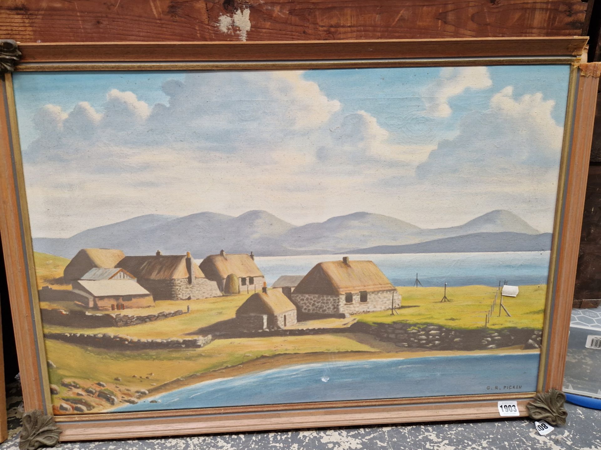 G. R. PICKEN 20th CENTURY SCHOOL. ARR. CROFTERS COTTAGES, SIGNED, OIL ON CANVAS. 50 x 75cms - Image 2 of 7