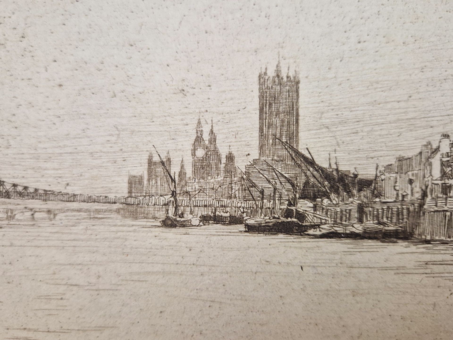 MORTIMER MEMPES ( 1855-1938) AN ETCHING OF A THAMES VIEW, PENCIL SIGNED, UNFRAMED. SHEET SIZE 38 x - Image 3 of 3