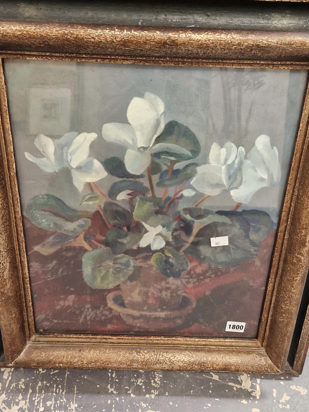 20th CENTURY SCHOOL A STILL LIFE OF FLOWERS IN A ROWLEY GALLERY FRAME WITH A LANDSCAPE VERSO, SIGNED - Image 7 of 8