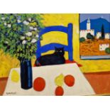 MICHAEL SAVILLE CONTEMPORARY SCHOOL. ARR. CAT PROVENCE, SIGNED, OIL ON BOARD. 71 x 91cms
