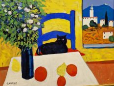 MICHAEL SAVILLE CONTEMPORARY SCHOOL. ARR. CAT PROVENCE, SIGNED, OIL ON BOARD. 71 x 91cms