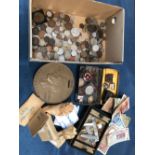 A COLLECTION OF VARIOUS WORLD COINS, MASONIC JEWELES, ETC.