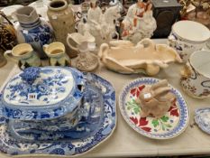 A QUANTITY OF VICTORIAN AND OTHER DECORATIVE CHINA WARES INCLUDING STAFFORDSHIRE ETC.