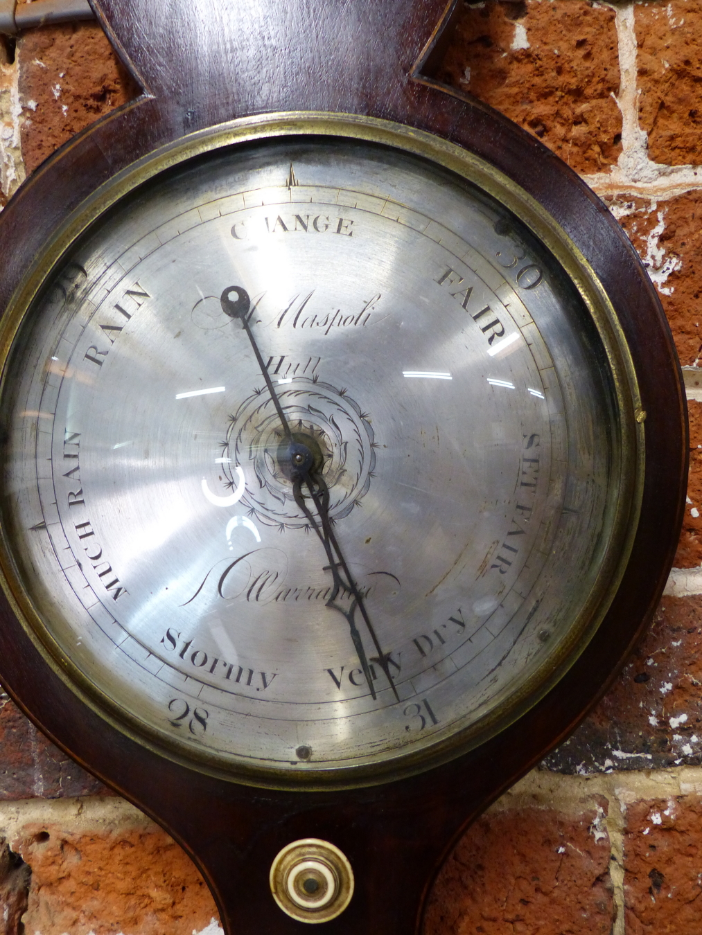 A MASPOLI OF HULL LINE INLAID MAHOGANY BANJO BAROMETER WITH AN ALCOHOL THERMOMETER ABOVE THE - Image 2 of 3